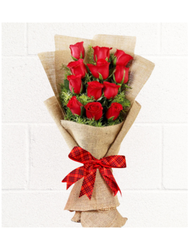 12 PCS RED ROSES BOUQUET JUTE WRAPPING