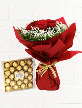 12 Pcs Red Rose Bouquet with Ferero Rochers Chocolate