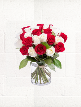 RED & WHITE ROSES IN GLASS VASE
